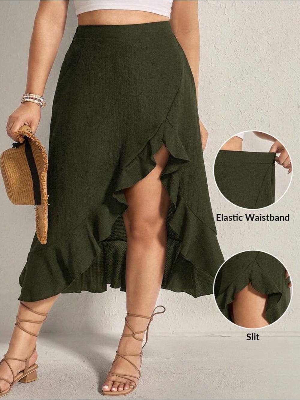 Olive Green / Ruffle Front - Slit - Midi Boho Western Skirt- 3X elastic waist